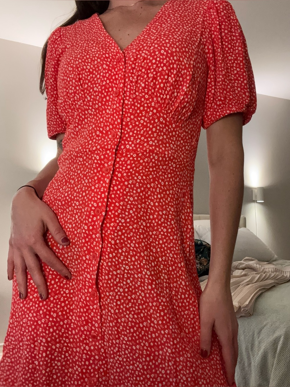 & Other Stories Red V-Neck Button Midi Dress with White Dot Print